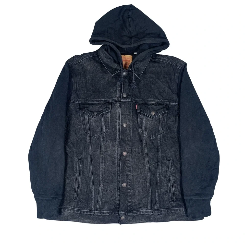 Levi's Denim Jacket Mens XL Black Hooded Knit Sleeve Trucker Vintage Fit